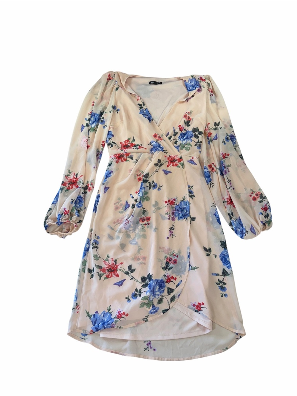 Express Floral Wrap Dress - Cream with Blue & Red Flowers